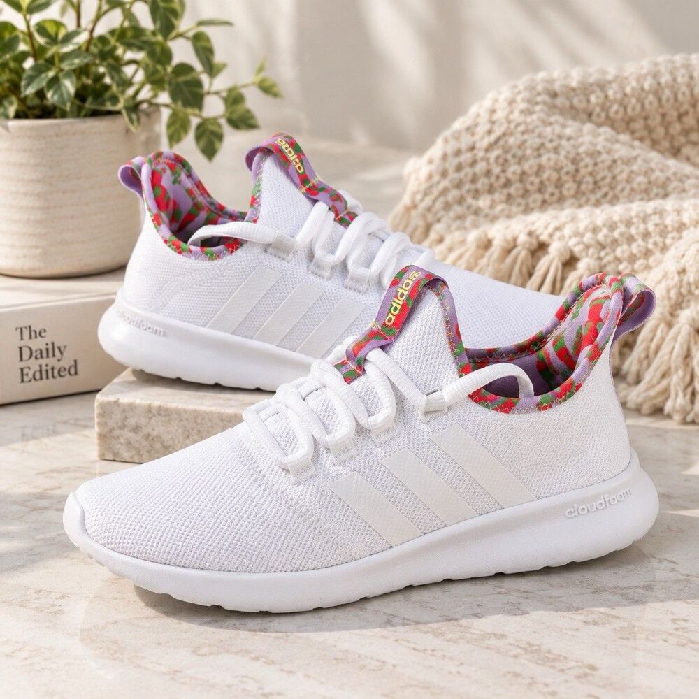 adidas Cloudfoam Pure 2.0 Women's Knit Sneakers White Purple Green Size 8